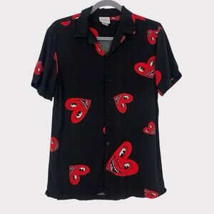 Keith Haring Black & Red Heart Short Sleeve Button Down Shirt
